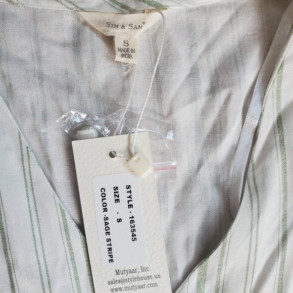 Sim‎ & Sam sage striped button up short sleeve top size small NWT - Picture 2 of 8
